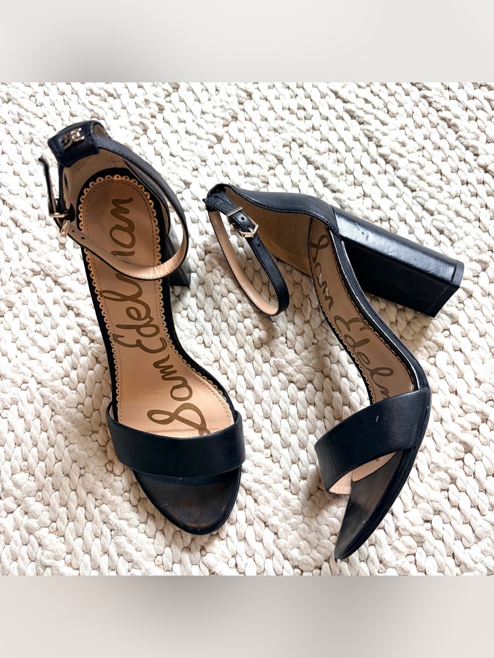 SAM EDELMAN Yaro Black Leather Block Heels Ankle Strap Sandals Womens 8 EUC